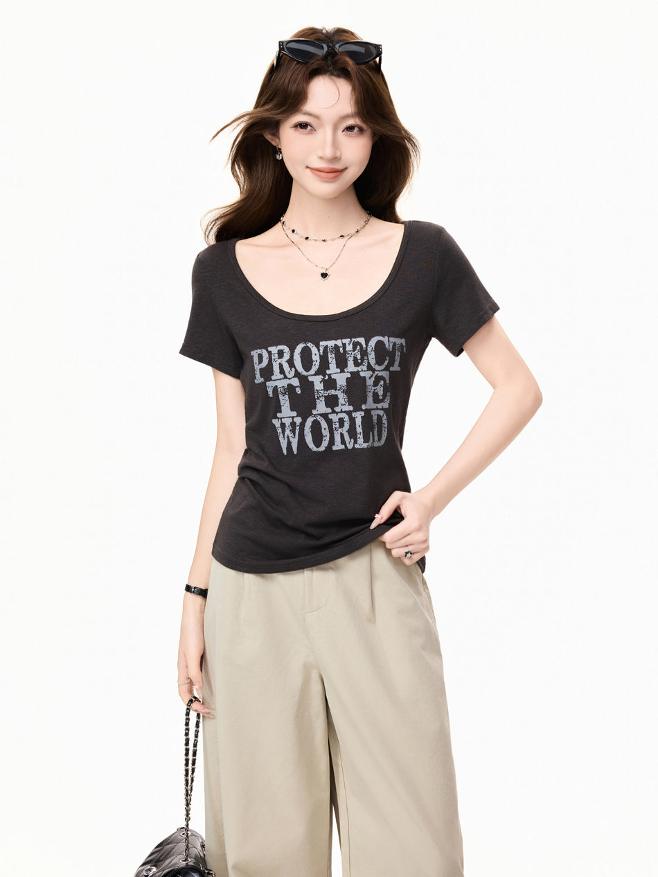 Vintage Print U-Neck Slim Fit Short Sleeve T-Shirt Women