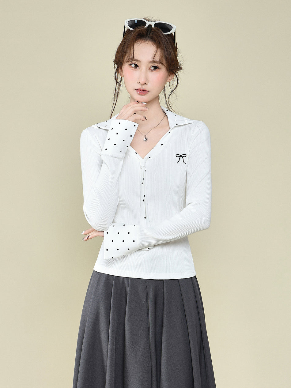 White Polka Dot Lace Bow Slim Fit Long Sleeve Top