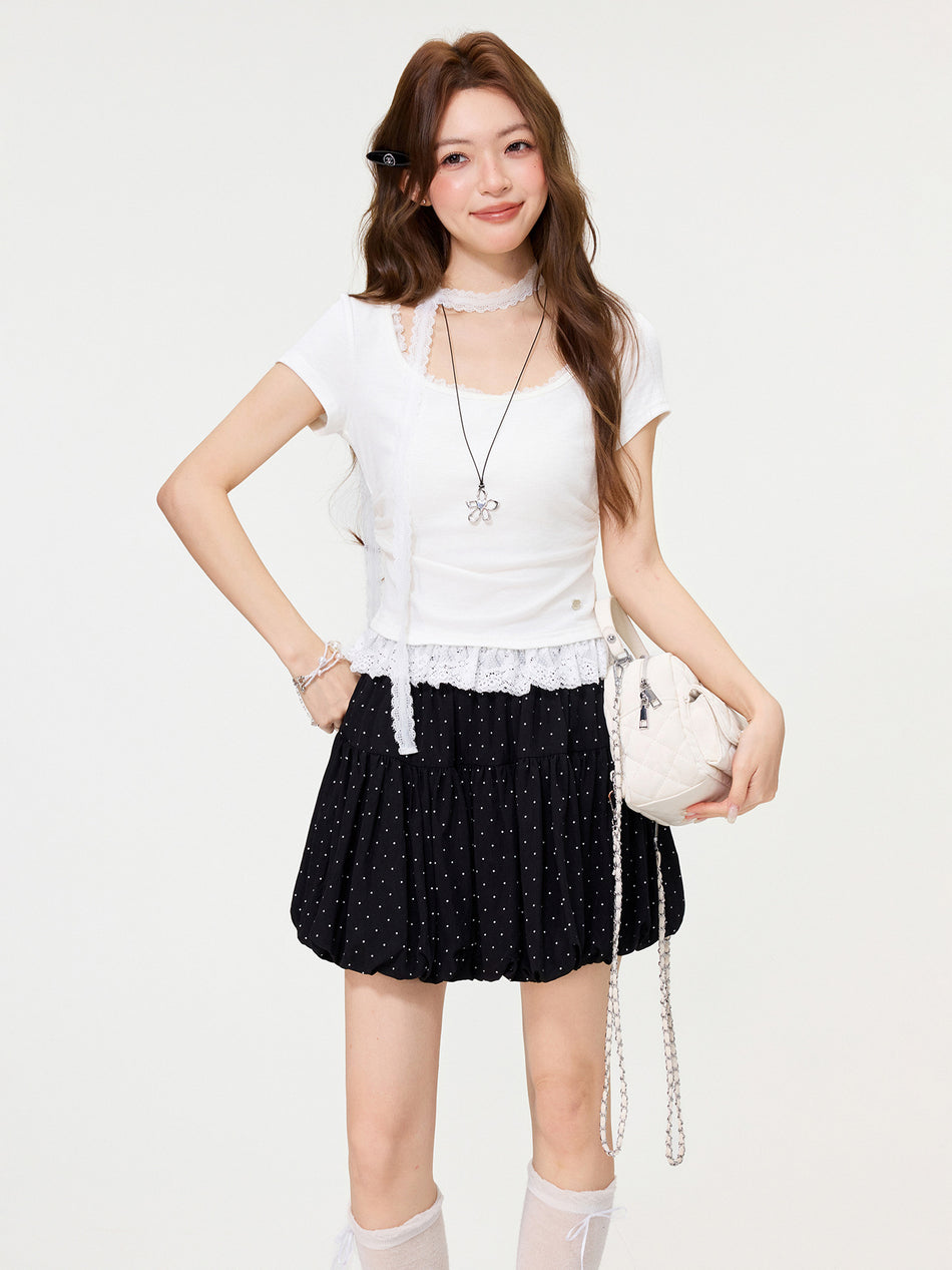 White Lace Hem Low Neck Slim Fit Short Sleeve T-Shirt