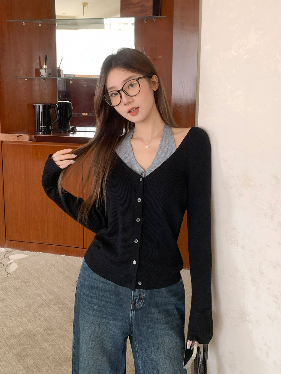 Color Block V-Neck Knit Cardigan Faux Two-Piece Women