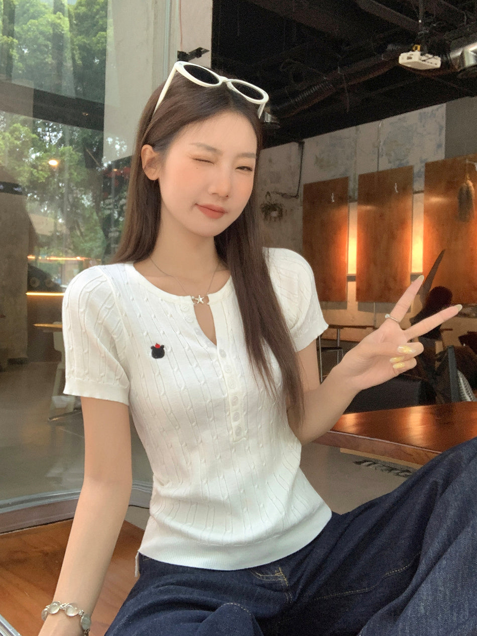 French Button Half Open Collar Slim T-Shirt Women