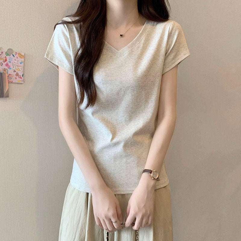 White V-Neck Cotton T-Shirt Women Summer Basic Top
