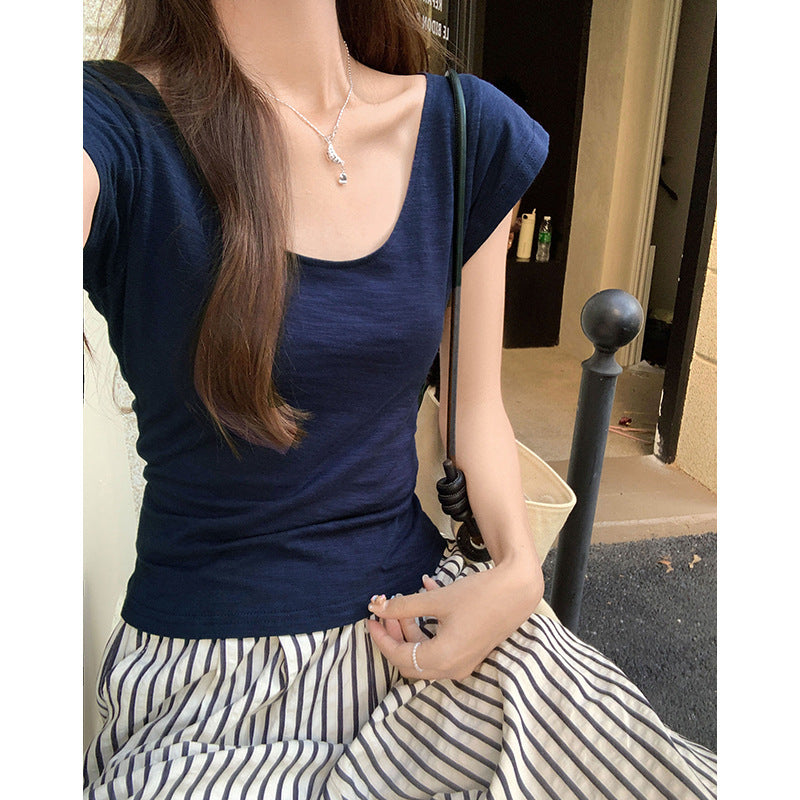 Blue Slub Cotton Slim Fit Short Sleeve Summer T-Shirt