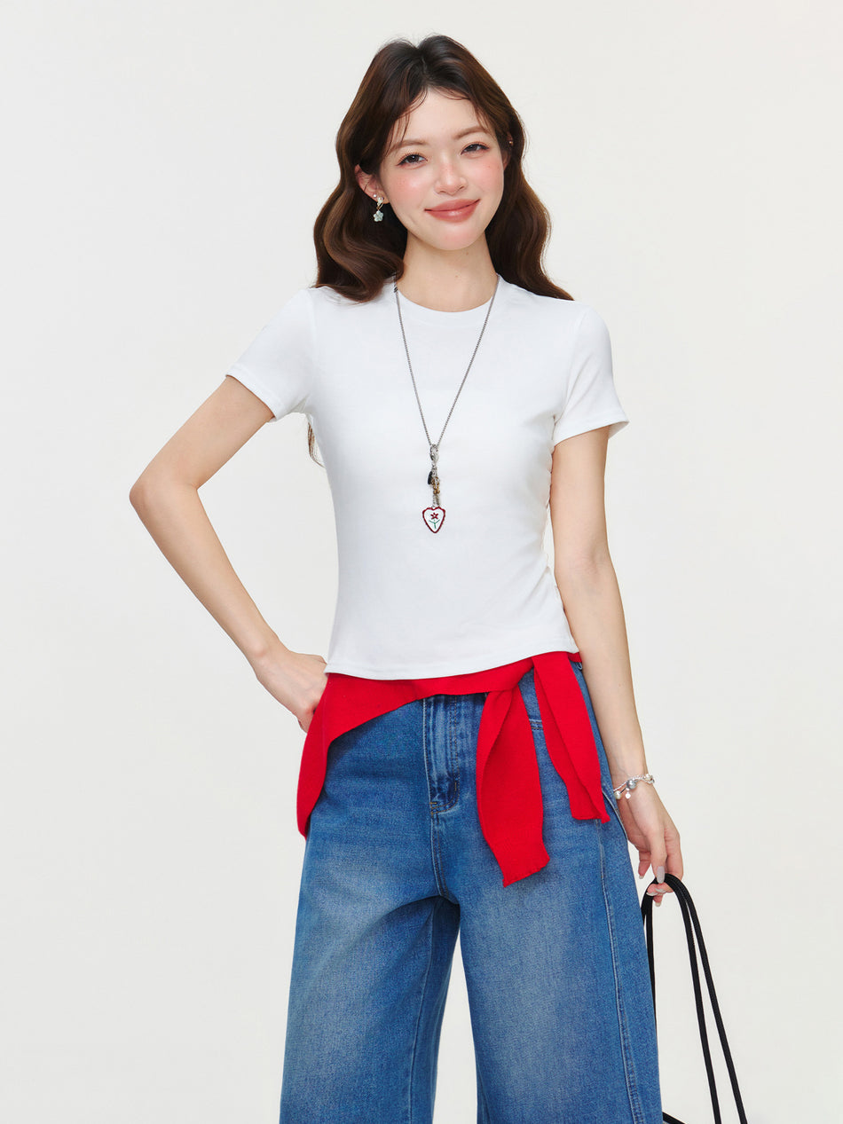 White Slim Fit Round Neck Split T-Shirt Women Top