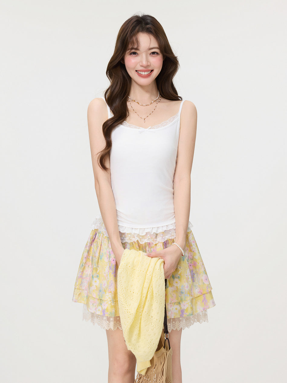 White Bow Lace Hem Slim Camisole Women Summer Top