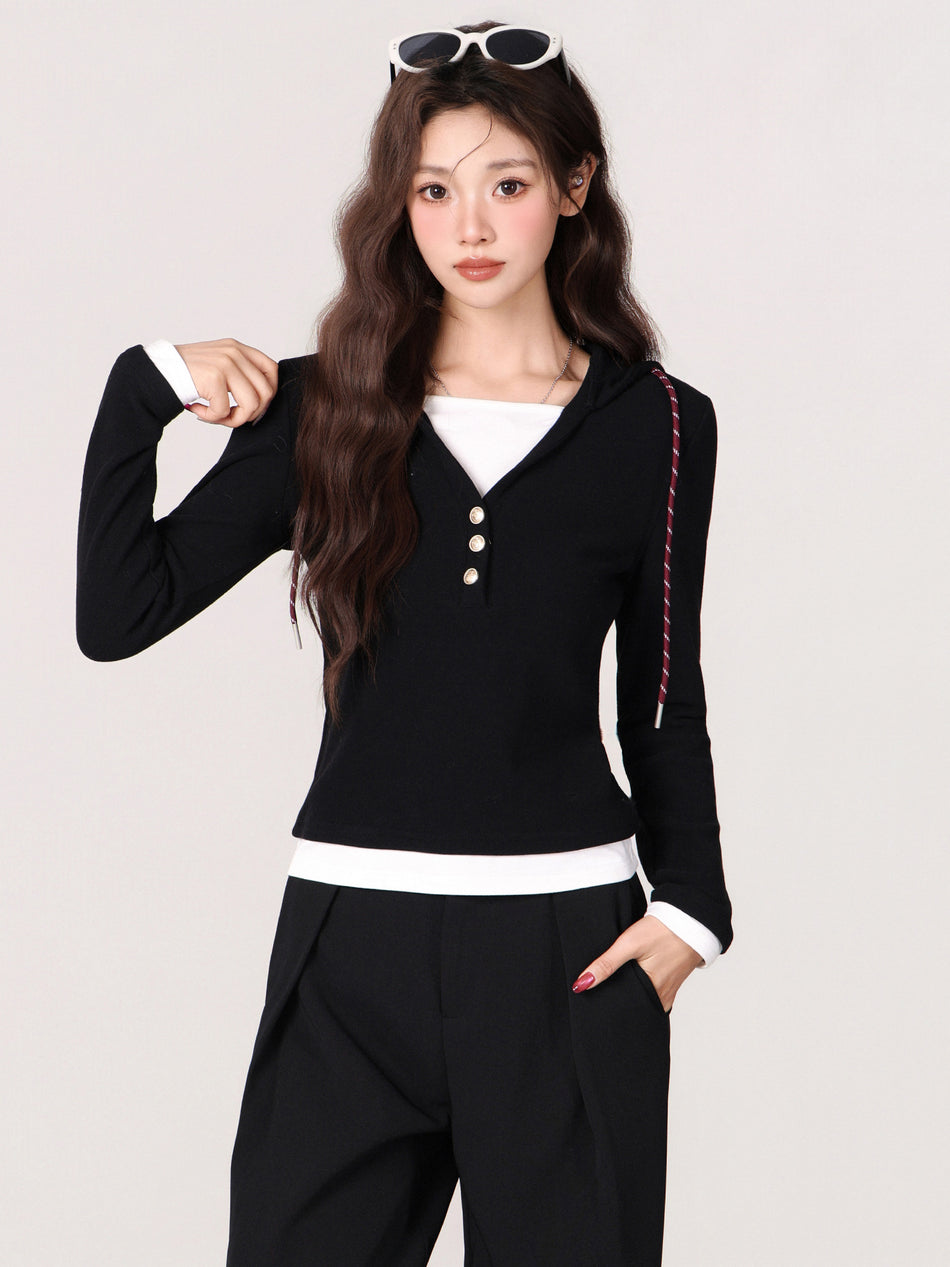 Color Block Hooded Slim Fit Women Long Sleeve Top