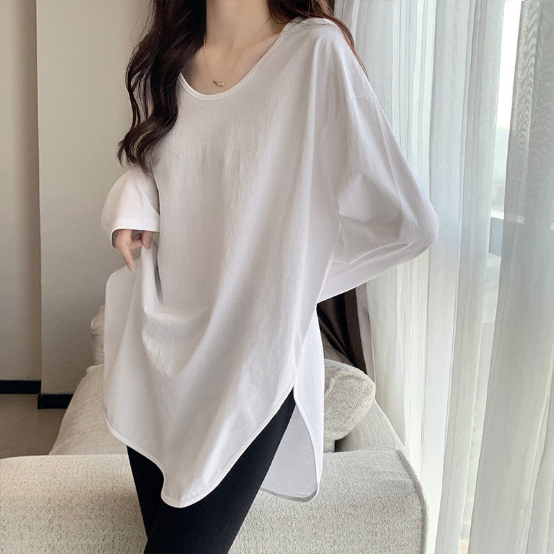 White U-Neck Split Long Sleeve Women Mid-Length Top