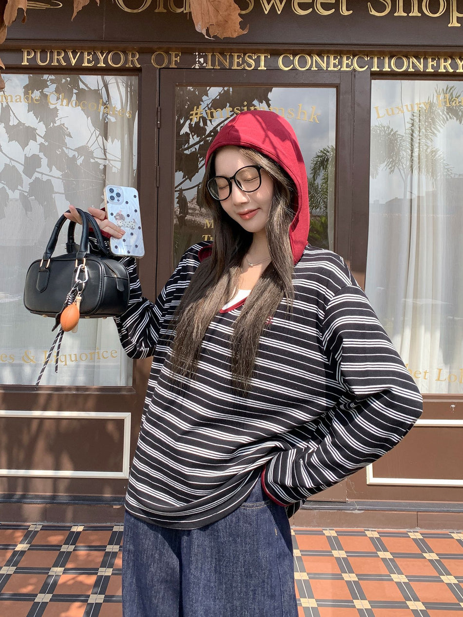 Black White Striped Hooded V-Neck Women Long Sleeve Top