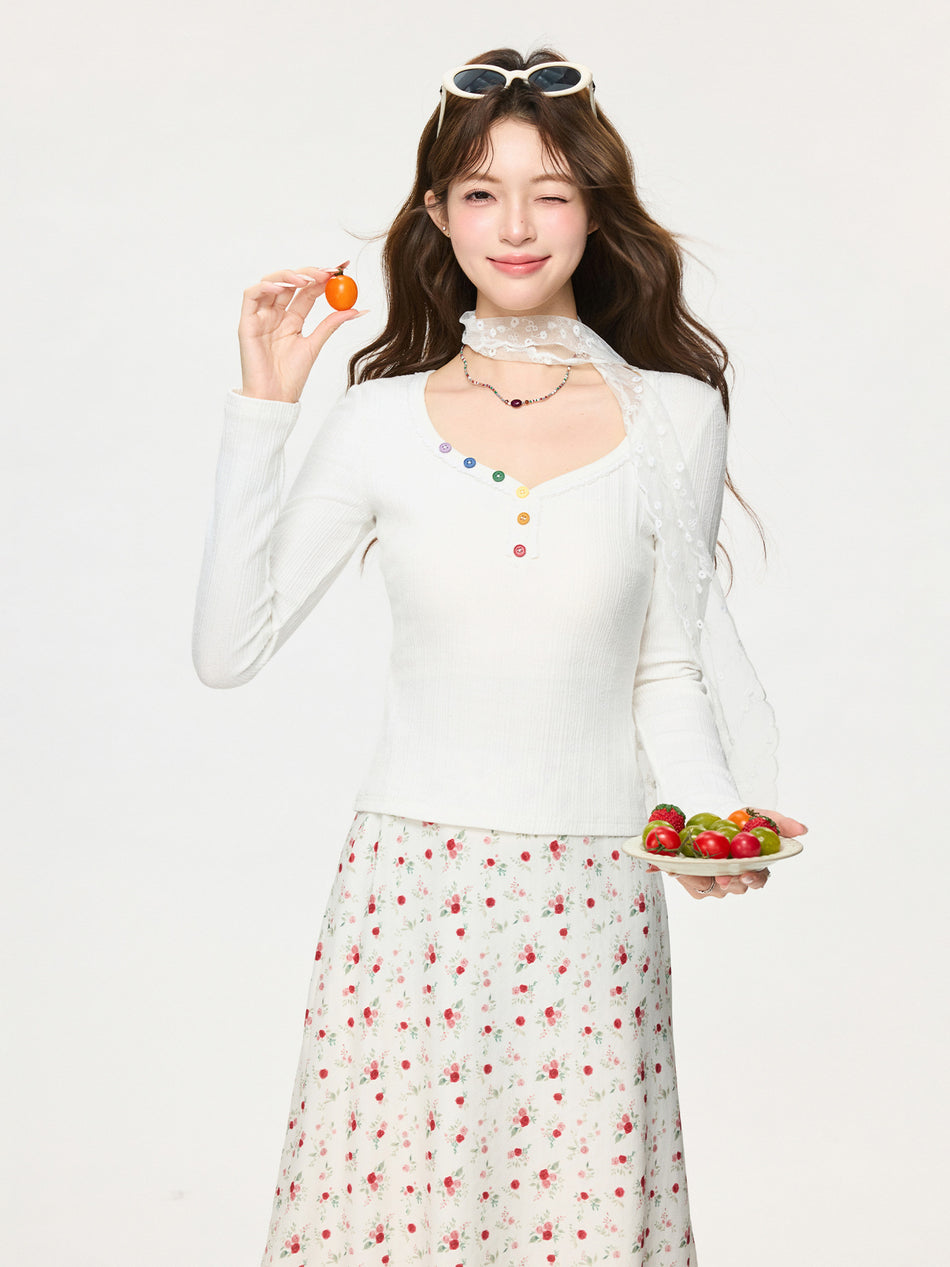White V-Neck Slim Fit Button Long Sleeve Women Top