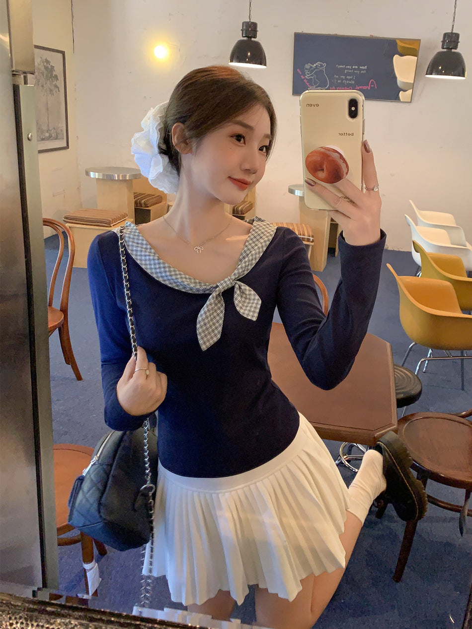 French Bow Plaid Slim Fit Women Long Sleeve Top