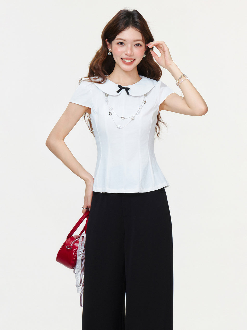 White Bow Doll Collar Slim Fit Women Summer T-Shirt