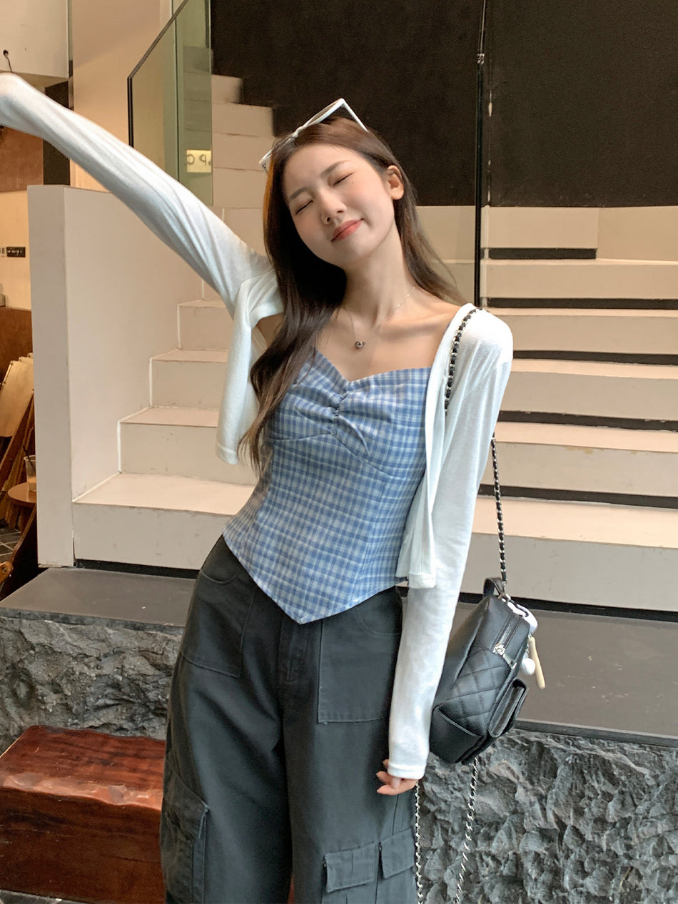 Blue Plaid Camisole Cardigan Women Summer Set