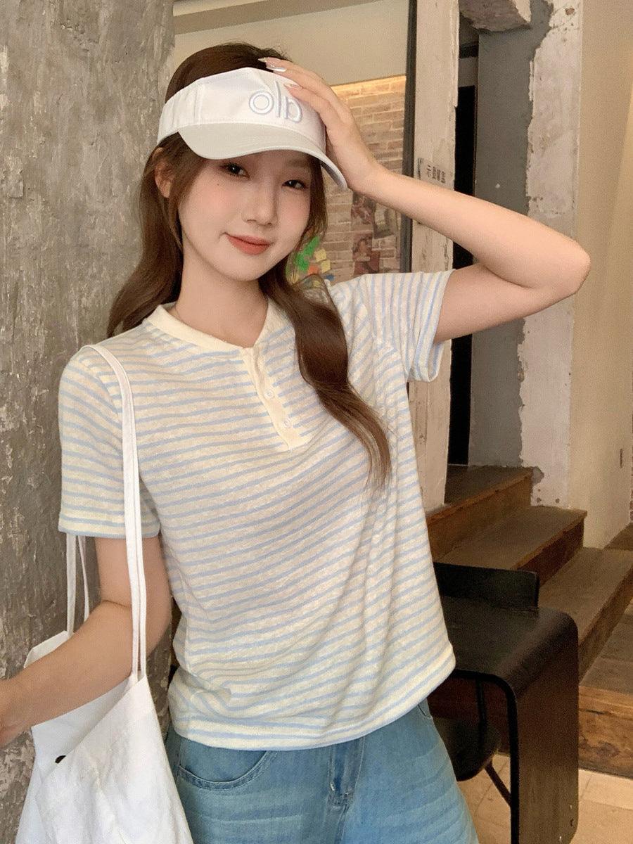Blue White Striped Half Collar Women Summer T-Shirt