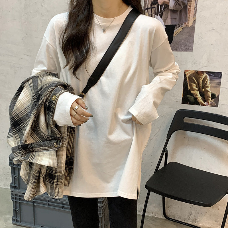 White Loose Fleece Long Sleeve Women Mid-Length Top