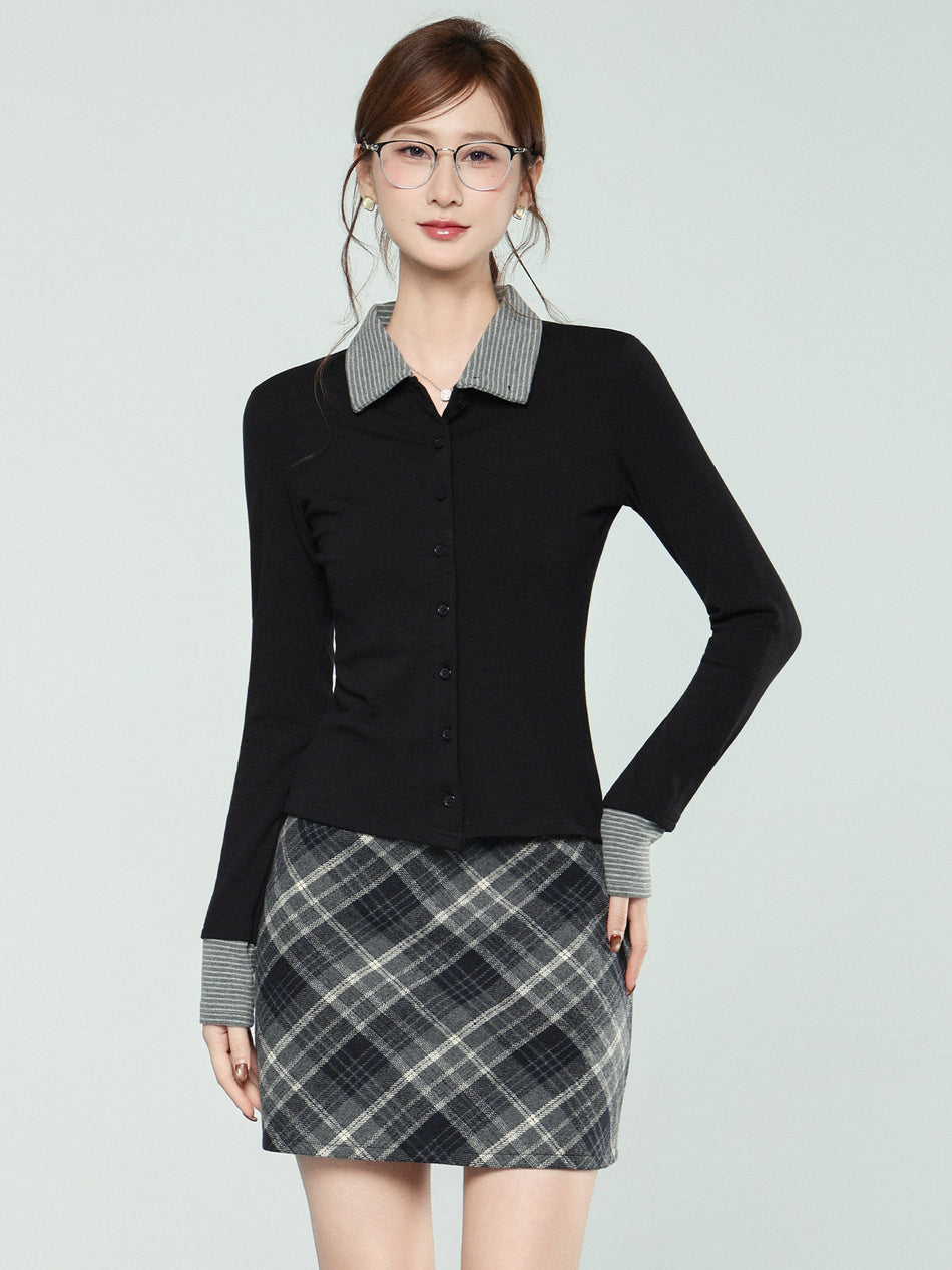 Black Striped Lapel Cardigan Women Winter Top