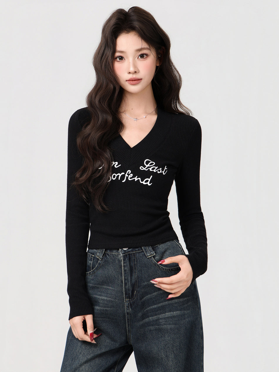 Black V Neck Printed Slim Fit Women Winter Top