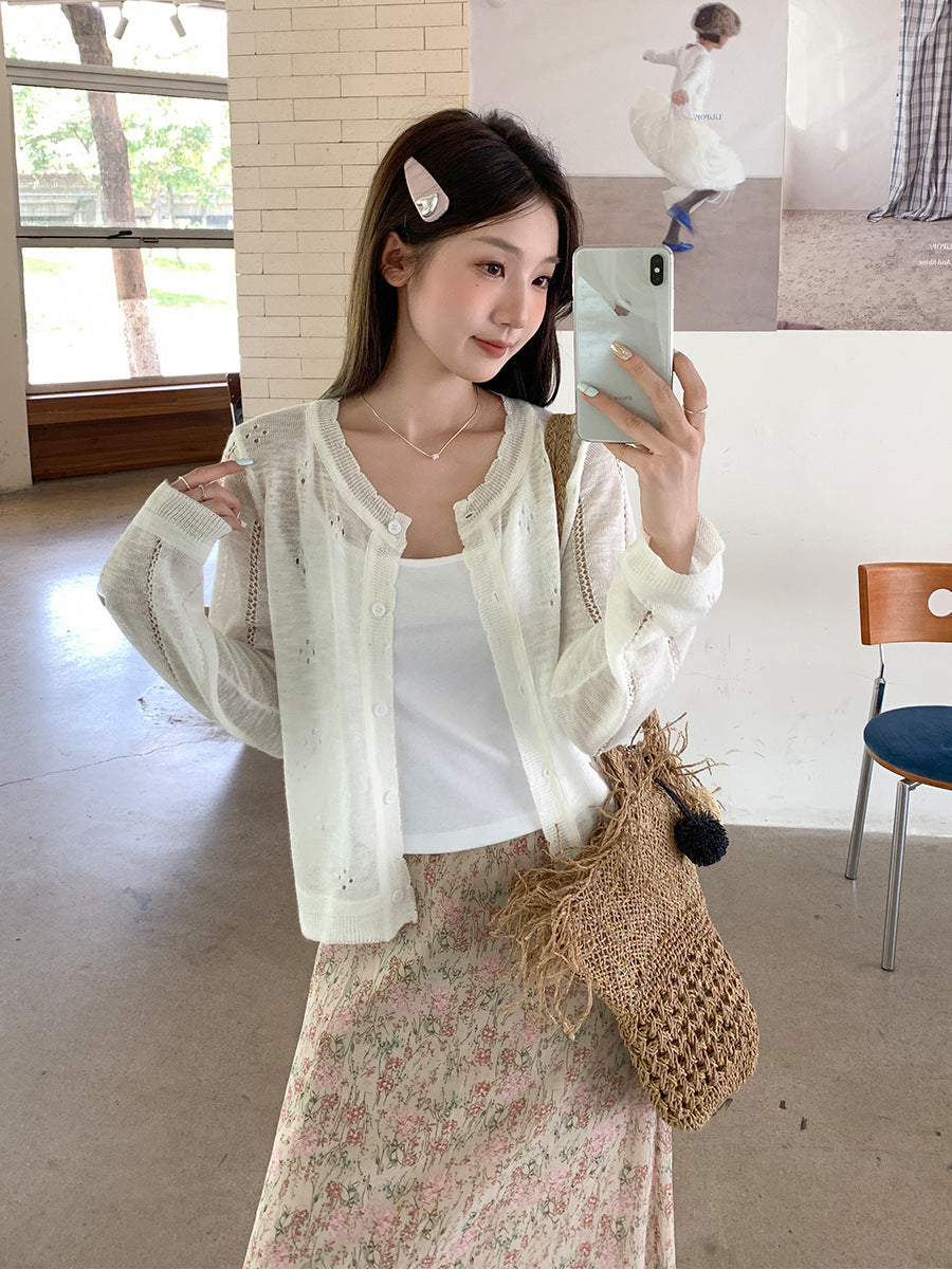 White Hollow Knit Button Cardigan Women Summer Top