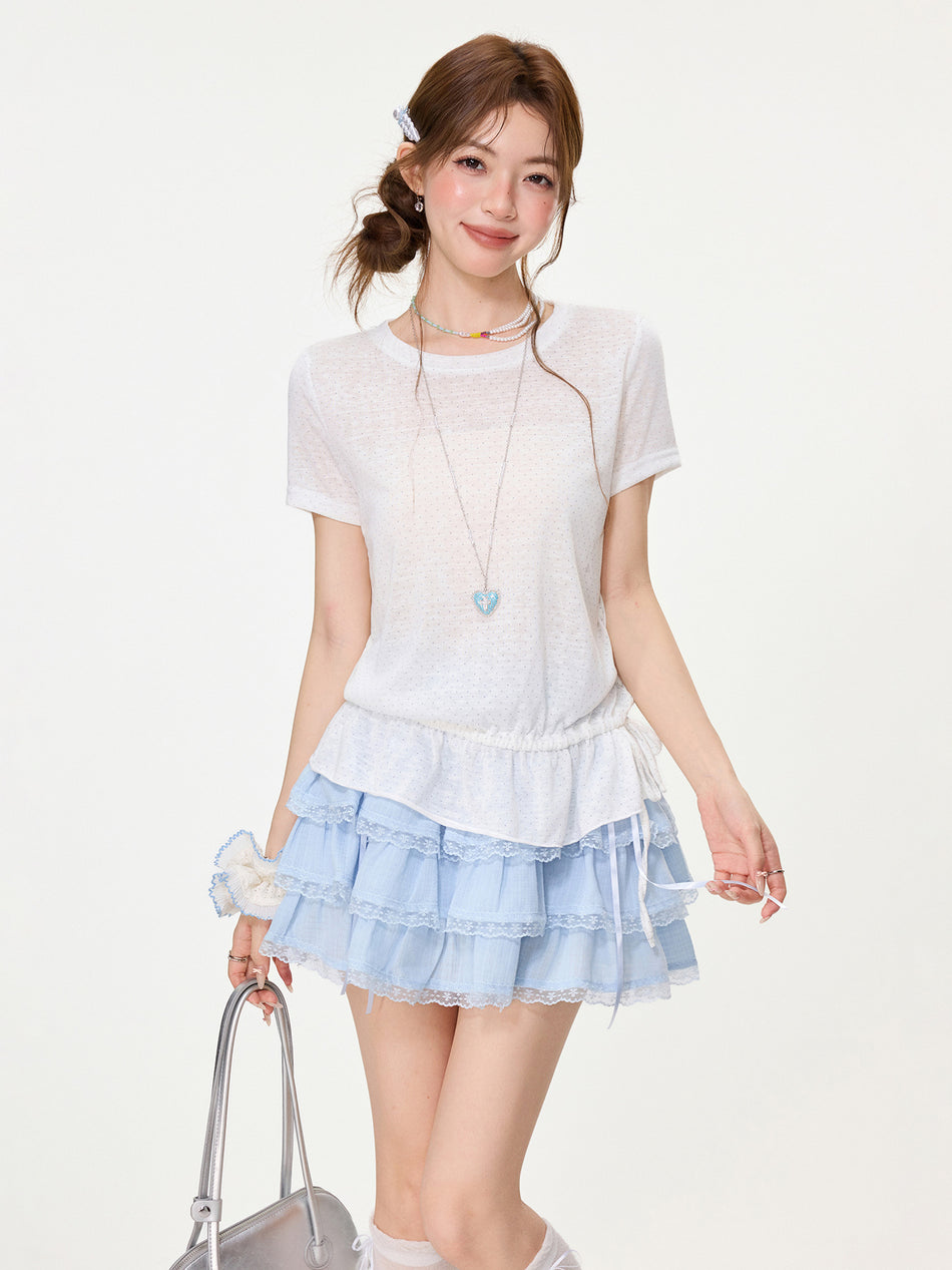 French Polka Dot Lace Waist T-Shirt Women Summer 2026