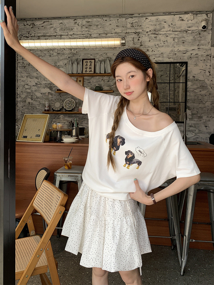 Dachshund Print Off Shoulder T-Shirt Women 2026 Summer