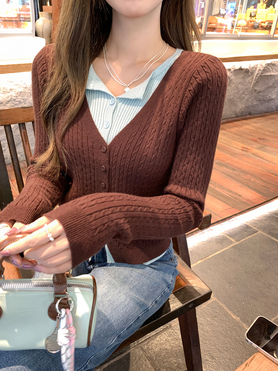 Fake Two-Piece V-Neck Knit Sweater Women 2026 Autumn