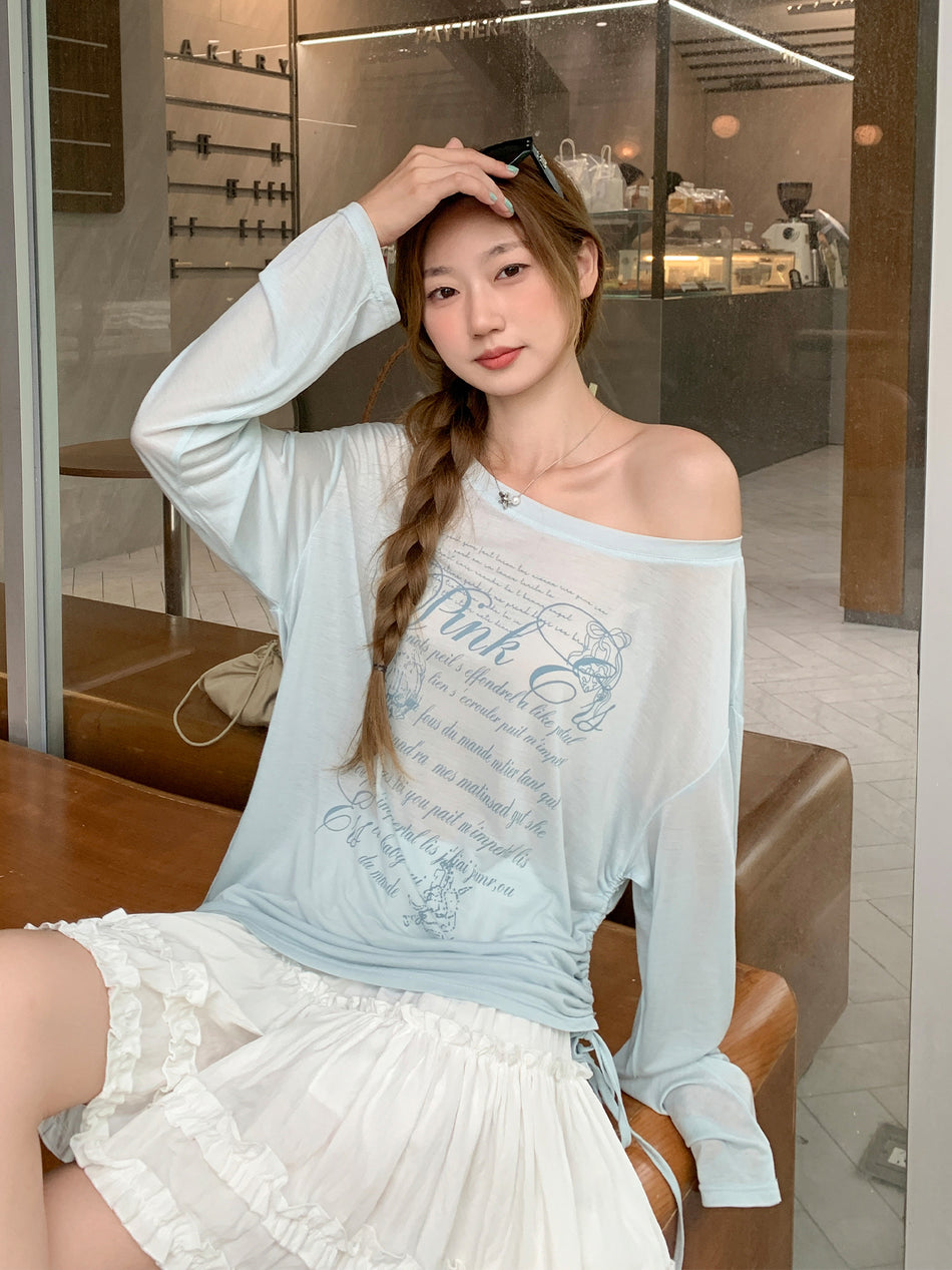 Blue Sheer Loose Blouse Women Summer 2026 Round Neck