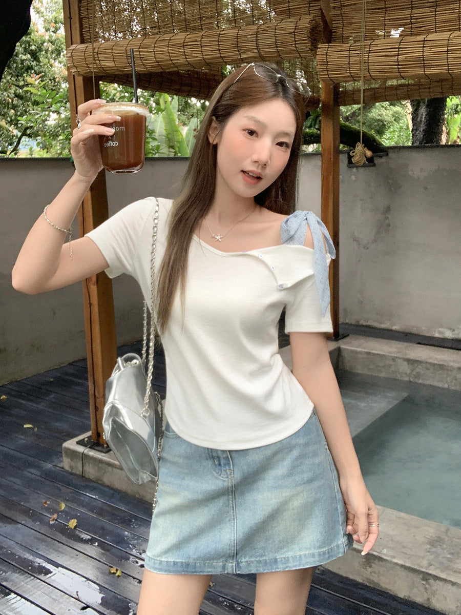 White Off Shoulder Tie T-Shirt Women Summer 2026