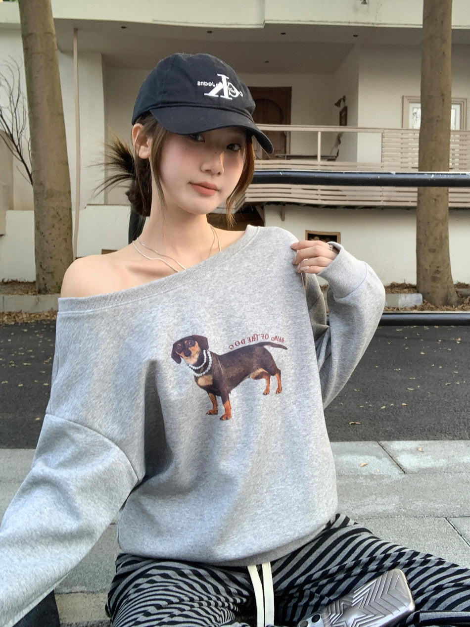 Gray Off Shoulder Puppy Print Sweatshirt Women 2026