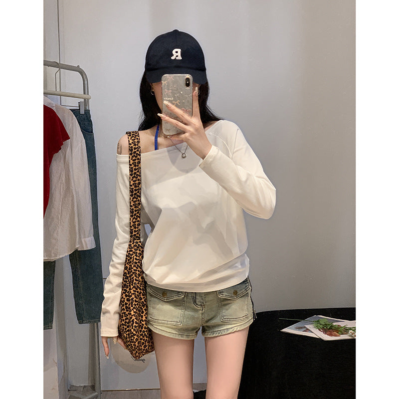 White Off Shoulder Slim T-Shirt Women Autumn 2026