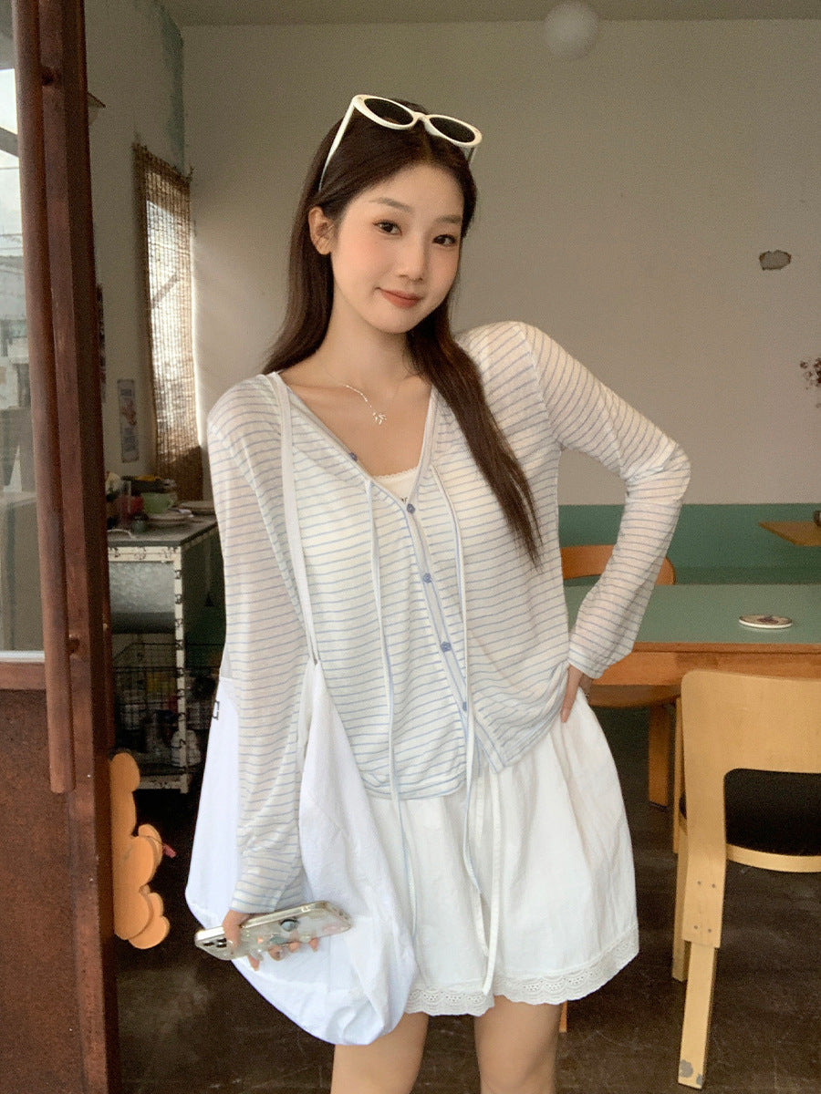 Blue Striped Bow Cardigan Women Summer 2026
