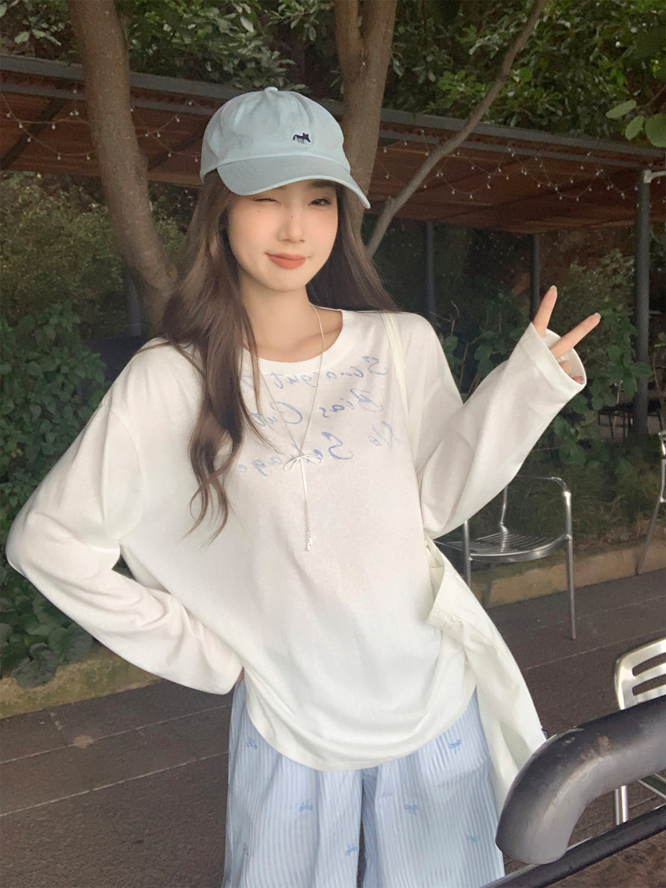 White Letter Print Loose T-Shirt Women Autumn 2026
