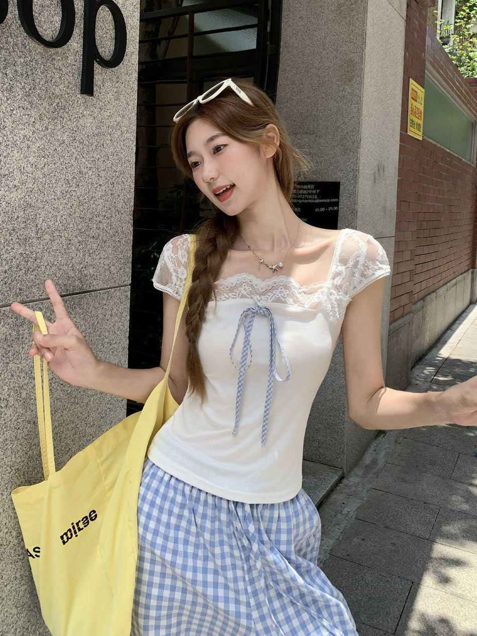 White Lace Bow Square Neck Backless Women T-Shirt Top