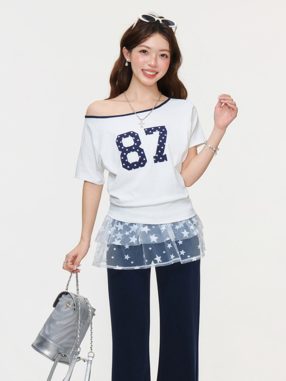 White Off-Shoulder Letter Print Women T-Shirt Top