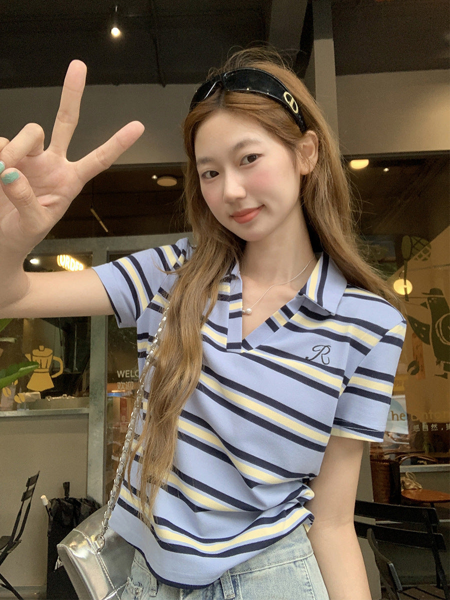 Color Block Striped Slim Fit Women T-Shirt Top