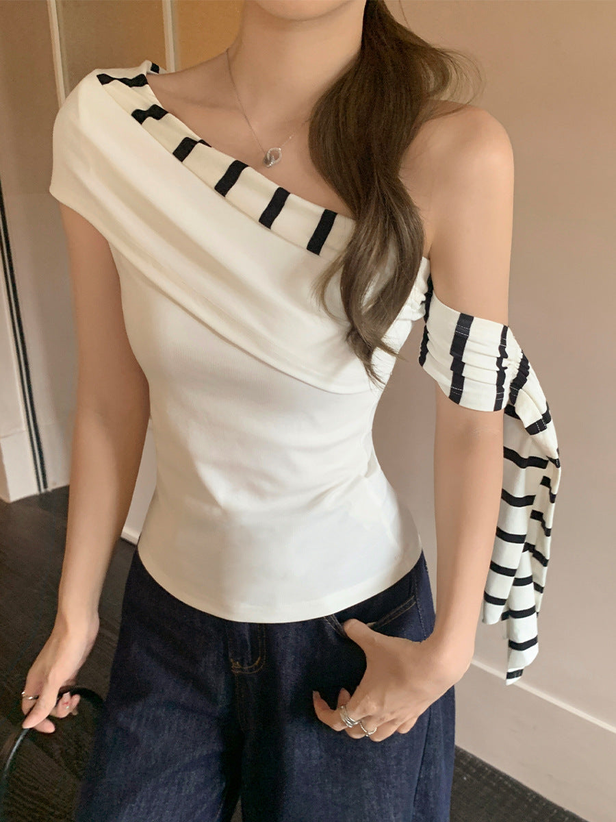 Black White Striped Off-Shoulder Women T-Shirt Top
