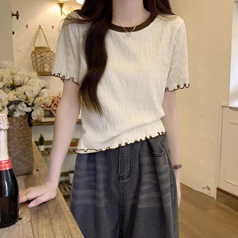 Apricot Round Neck Slim Fit Women T-Shirt Top
