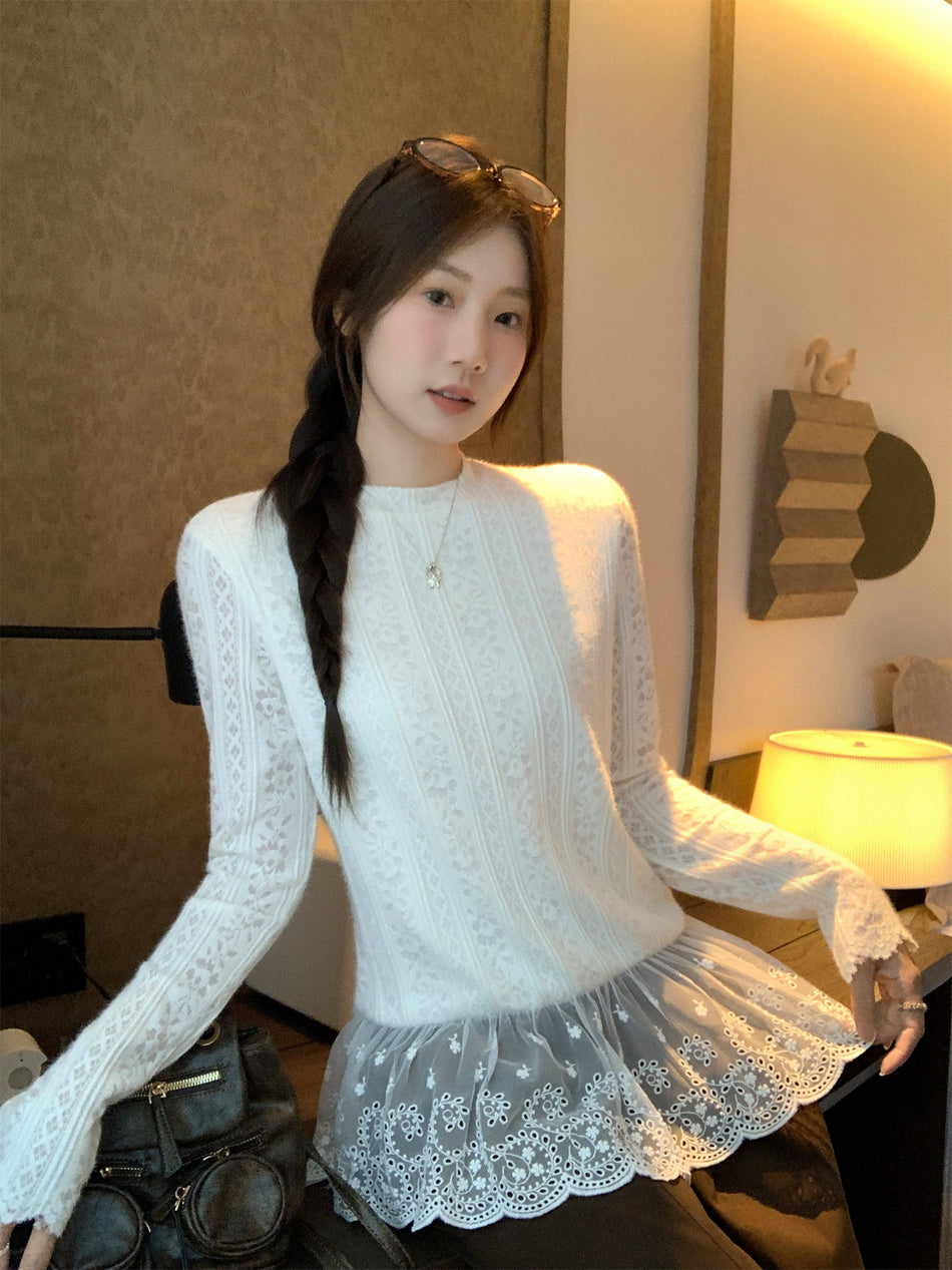 Beige Lace Trim Knit Women Long Sleeve Top