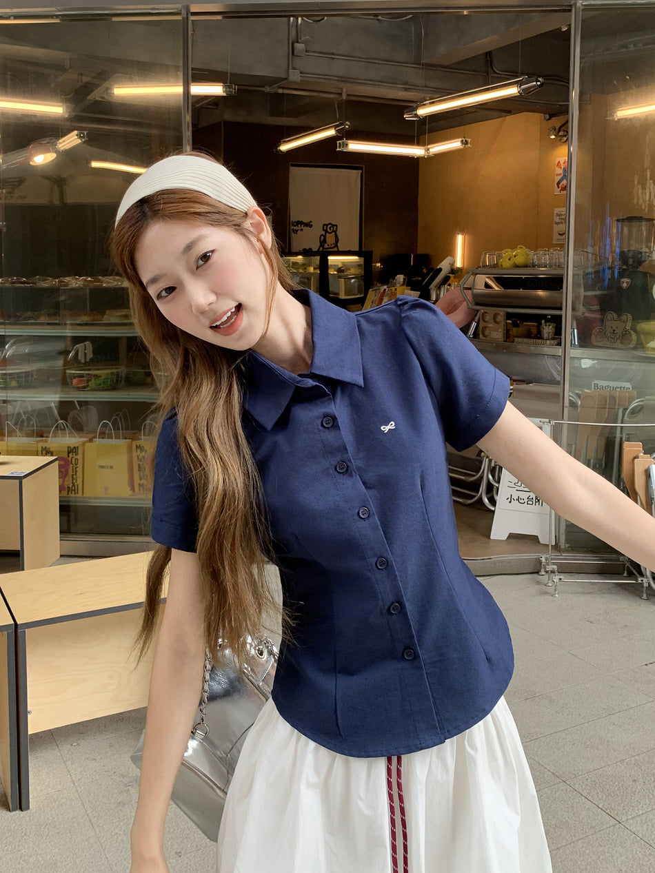 Bow Embroidered Polo Collar Women Summer Top