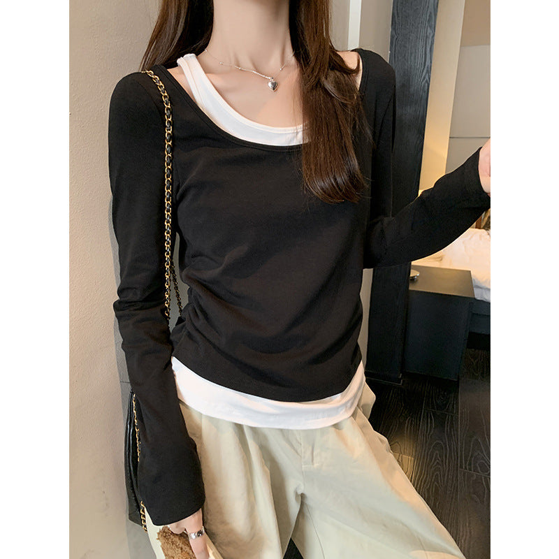 Black White Fake Two Piece Women Slim Fit Top