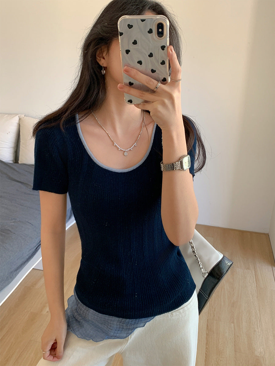 Color Block U-Neck Slim Fit Women Knit Top