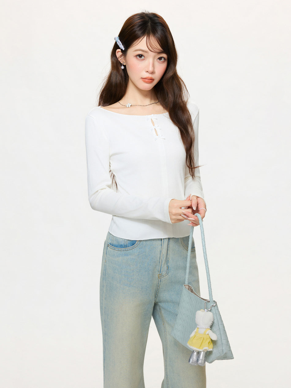 White Bow Hollow Slim Fit Women Long Sleeve Top