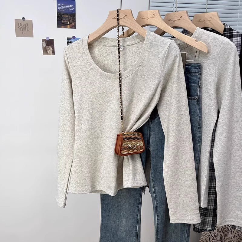Cotton U-Neck Slim Fit Women Long Sleeve Top
