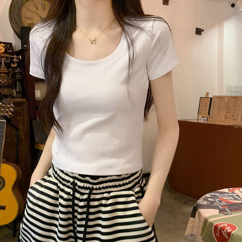 White Slim Fit Crewneck T-Shirt for Women Summer 2026