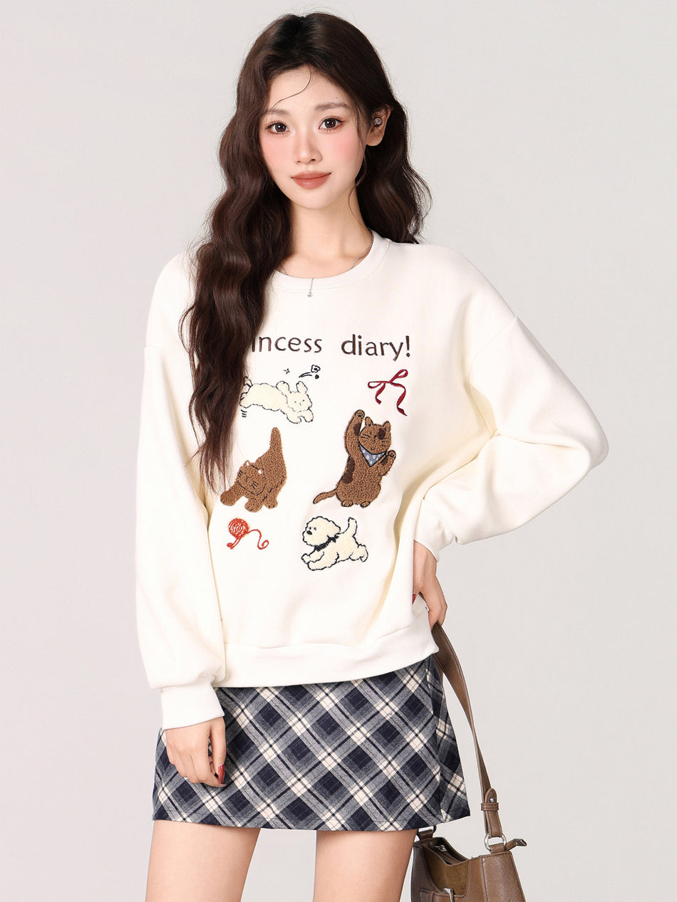Cartoon Embroidered Velvet Sweatshirt Women 2026 Winter