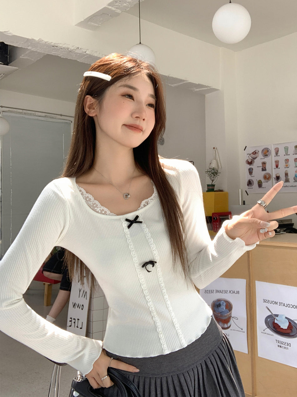 White Lace Bow Slim Fit U-Neck Top Women 2026 Autumn