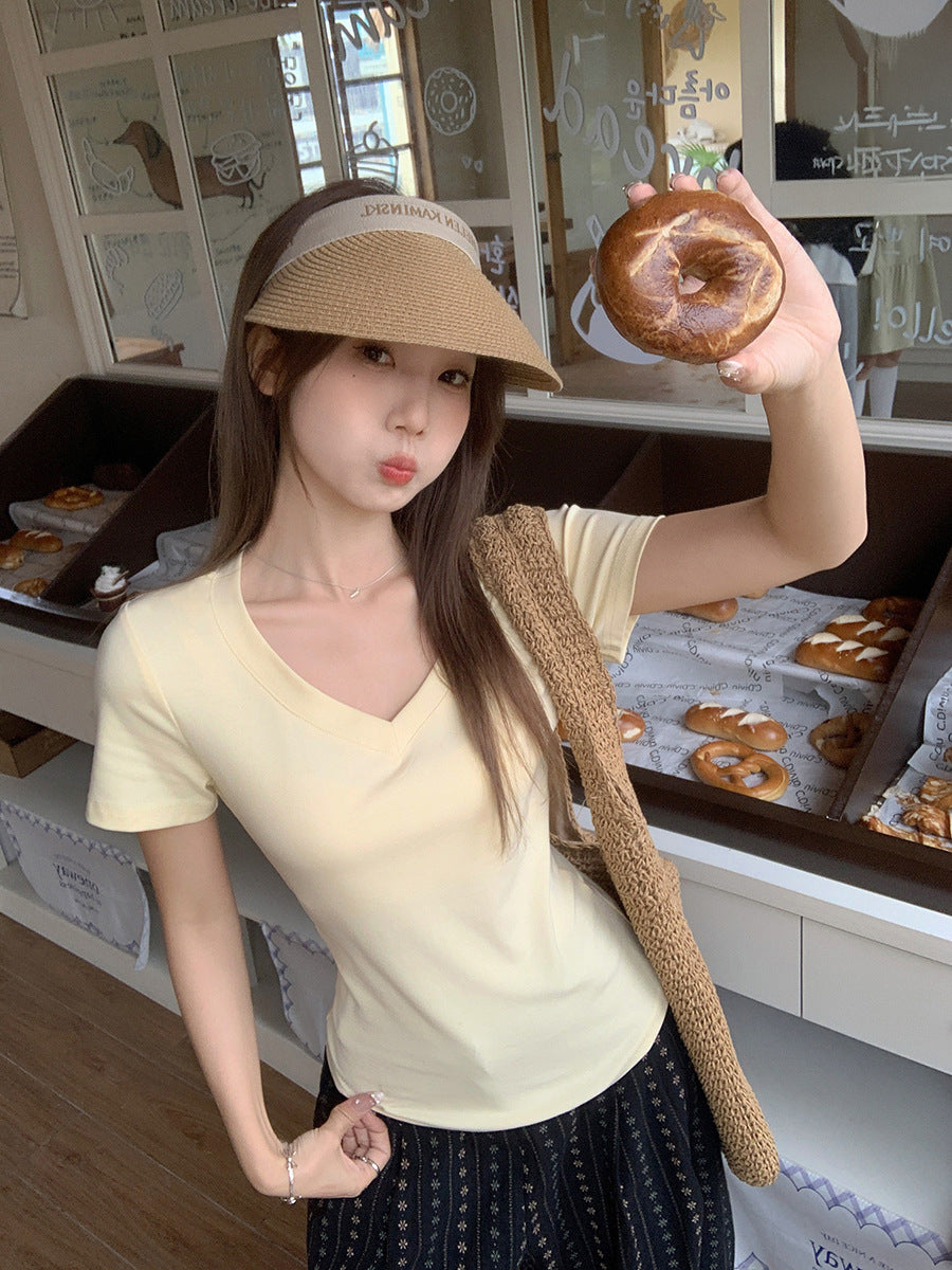 Yellow V-Neck Chic T-Shirt Women 2026 Summer Korean Style