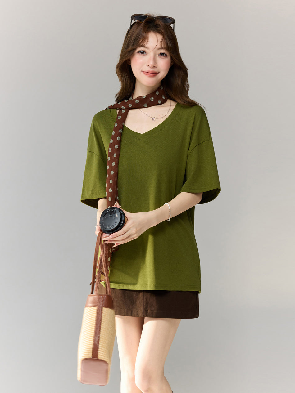 Green V-Neck Loose Fit Short Sleeve T-Shirt