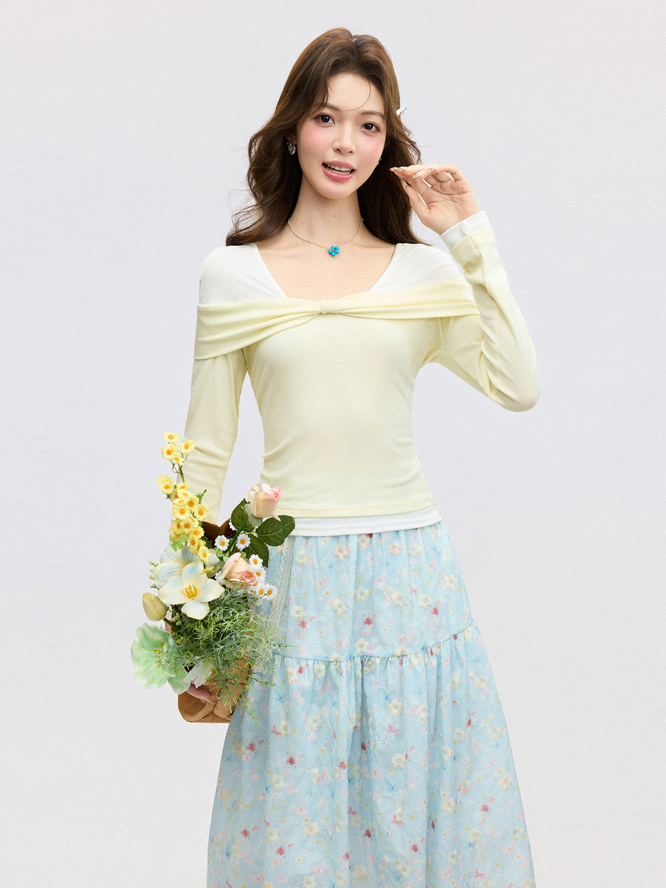 Yellow V-Neck Two-Piece Slim Fit Long Sleeve T-Shirt