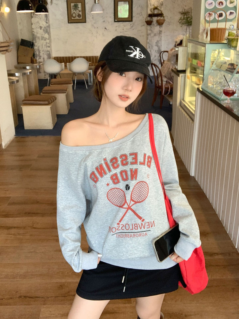 Gray Off-Shoulder Letter Print Sweatshirt Women