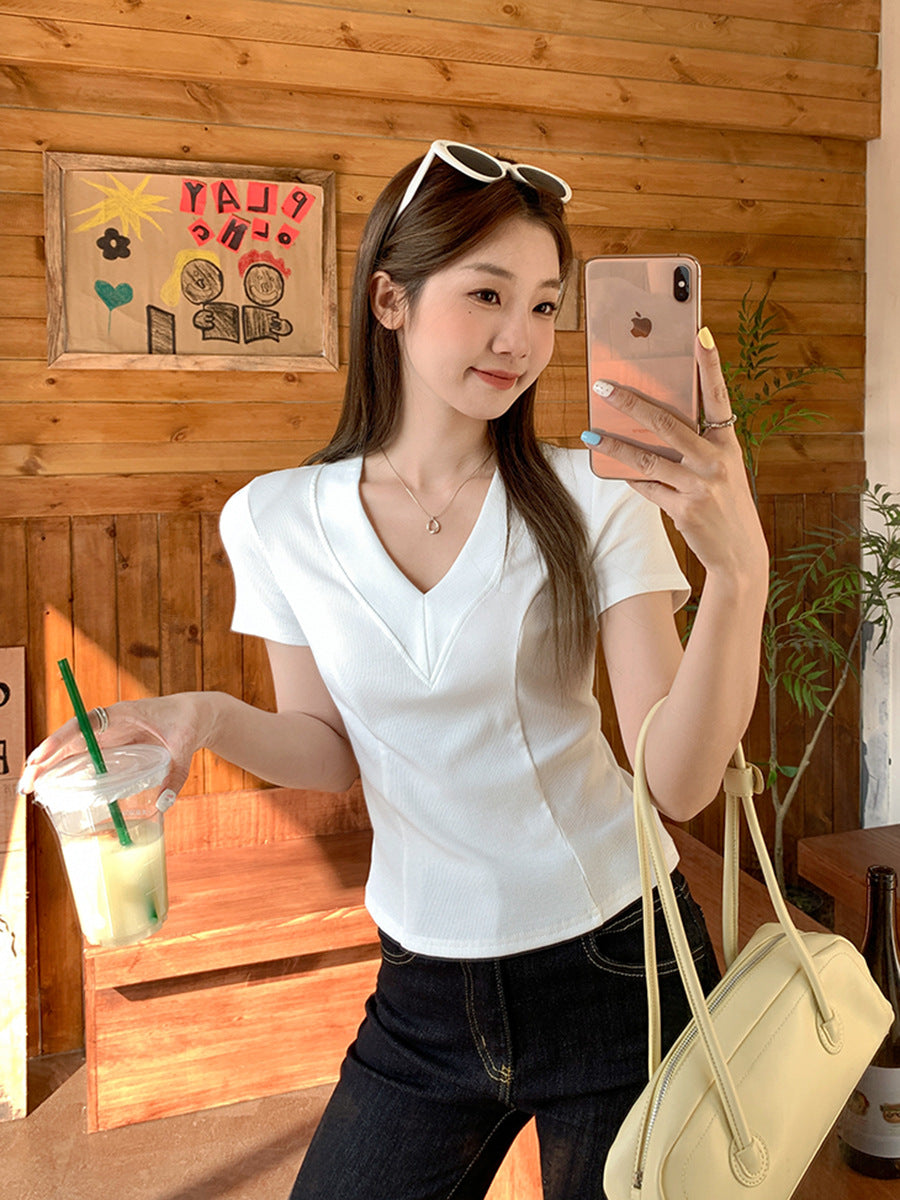White V-Neck Fishbone Slim Fit Short Sleeve T-Shirt Women