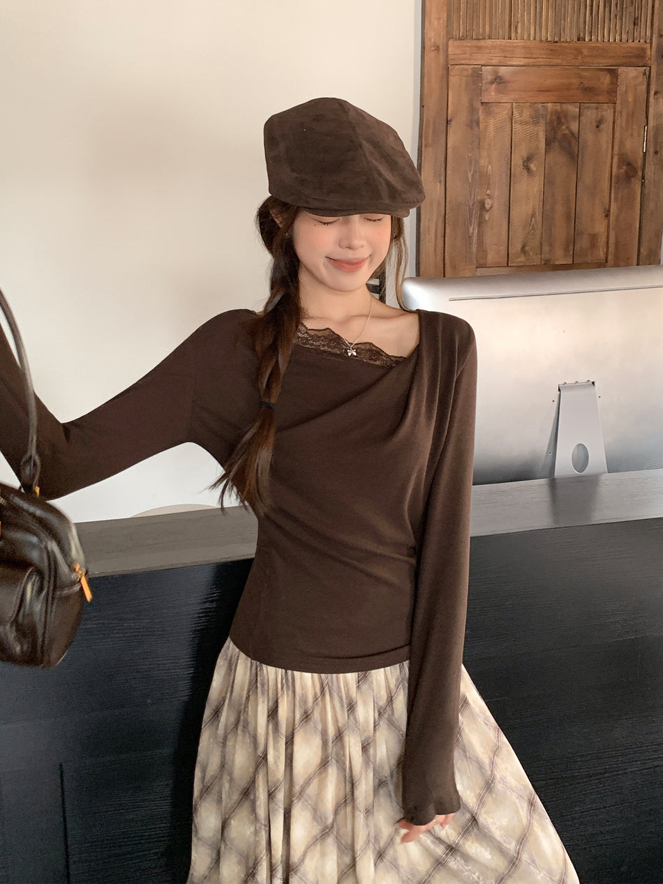 Coffee Lace Off-Shoulder Slim Fit Base T-Shirt Women